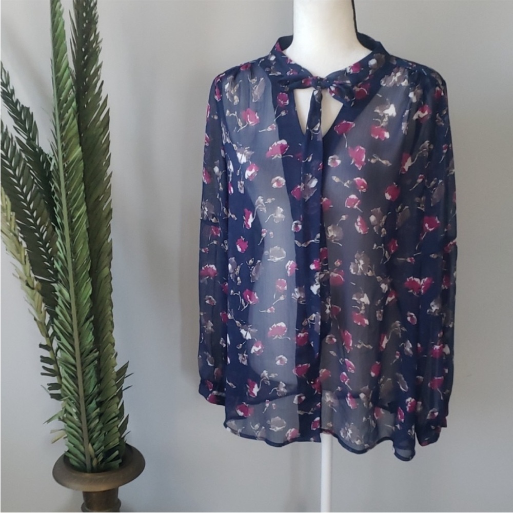 Express sheer navy floral tie neck button down blouse